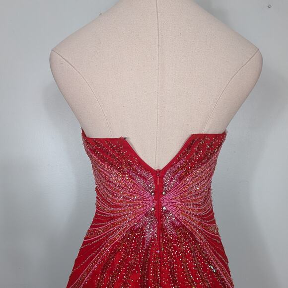 Alyce Prom Dress Maxi Gown XS Red Silk Princess Glam Strapless Y2K Bead Pink - Picture 6 of 16